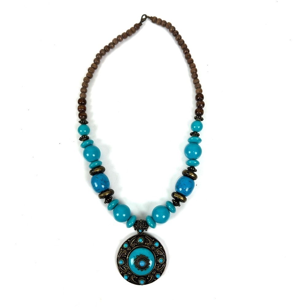 Vintage Bohemian Indie Style Turquoise Blue Pendant & Wood Beaded Necklace 22”